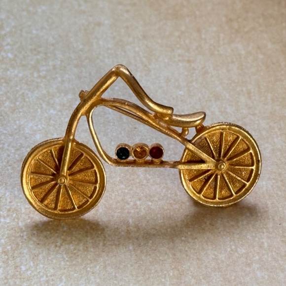 Vintage Jewelry - VINTAGE Brooch Bicycle Rhinestones Matte Gold Whimsical